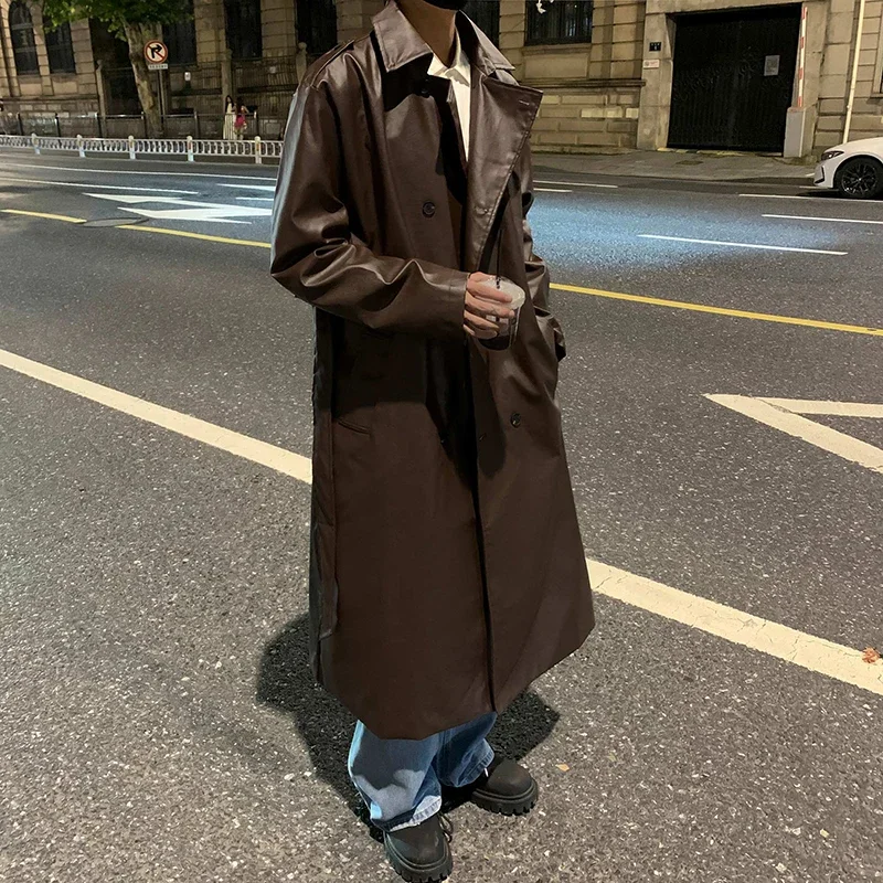 Autumn Trench Coat Men's High-end Luxury Double Row PU Leather