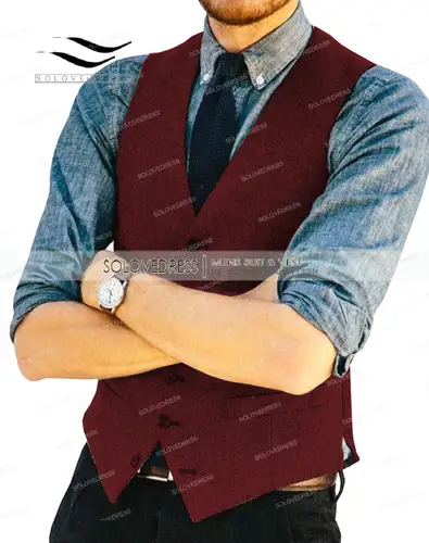 Mens Vests Tweed Herringbone Slim Fit Fashion Men's Suits Vests For Jacket Groomsmen  Waistcoat For Wedding - Image 5