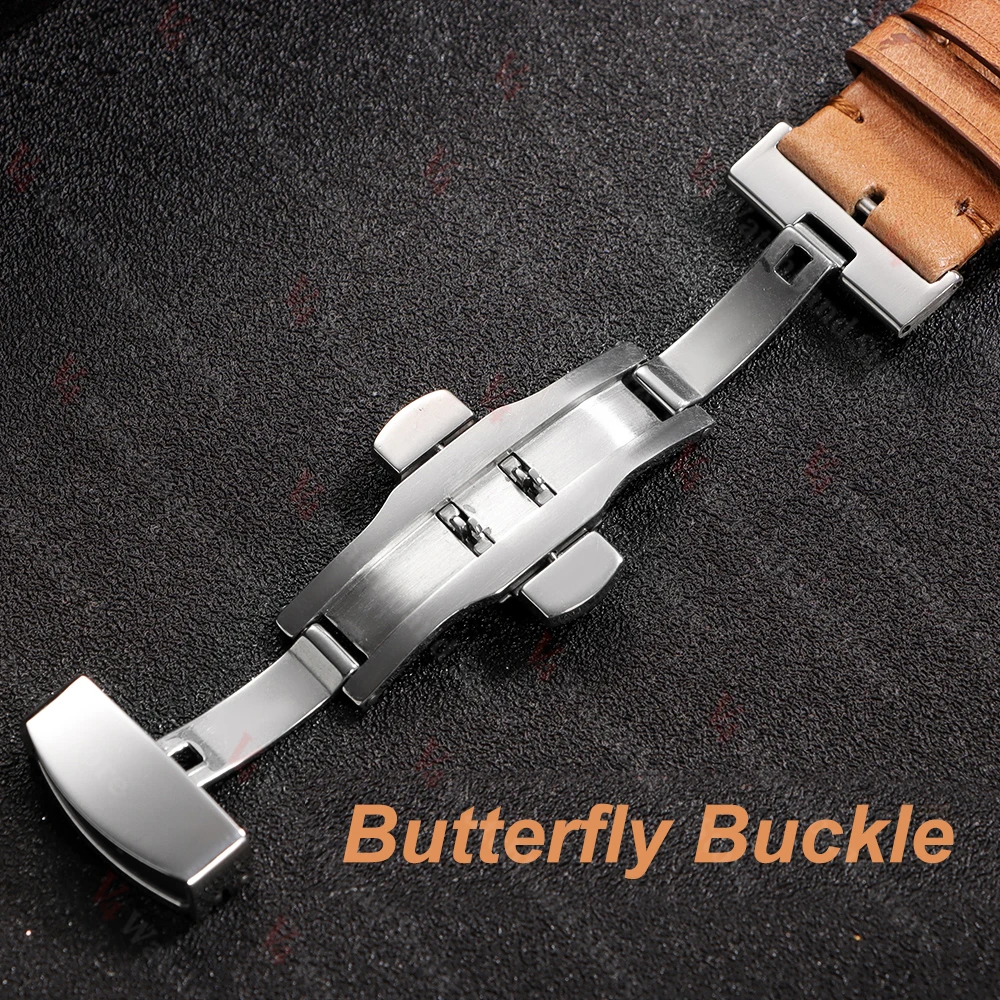 Universal Genuine Cowhide Leather Watch Band with Butterfly Buckle - Vintage-Style Breathable Strap