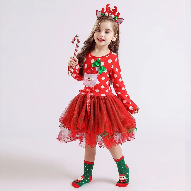 Girls Red Costume girls dress baby girl dress For Xmas Party Polka Dot Christmas Dress Santa Red Tutu Gown Baby Girl New Year Costume 1-6 Yrs