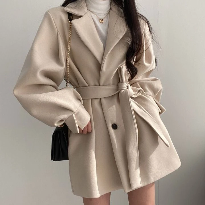 

Korean Street Bandage Elegant Noble Solid Color Office Suit Collar Jacket Outerwear Winter Mid-length Woolen Long Sleeve Coat