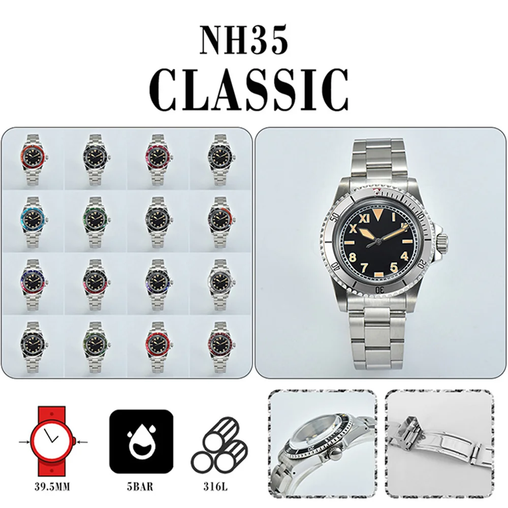 Sub /Gmt Orologio Meccanico 39.5Mm Vintage Caso Acrilico Copertura Unidirezionale/Bidirezionale Girevole Lunetta Oyster Band Per Movimento Nh35