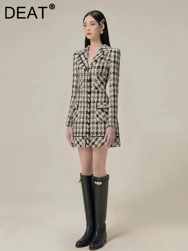 

DEAT Elegant Dresses Contrast Color Plaid Tweed Lapel Long Sleeve Waist Women's Mini Dresses 2024 Summer New Fashion 13DB1384