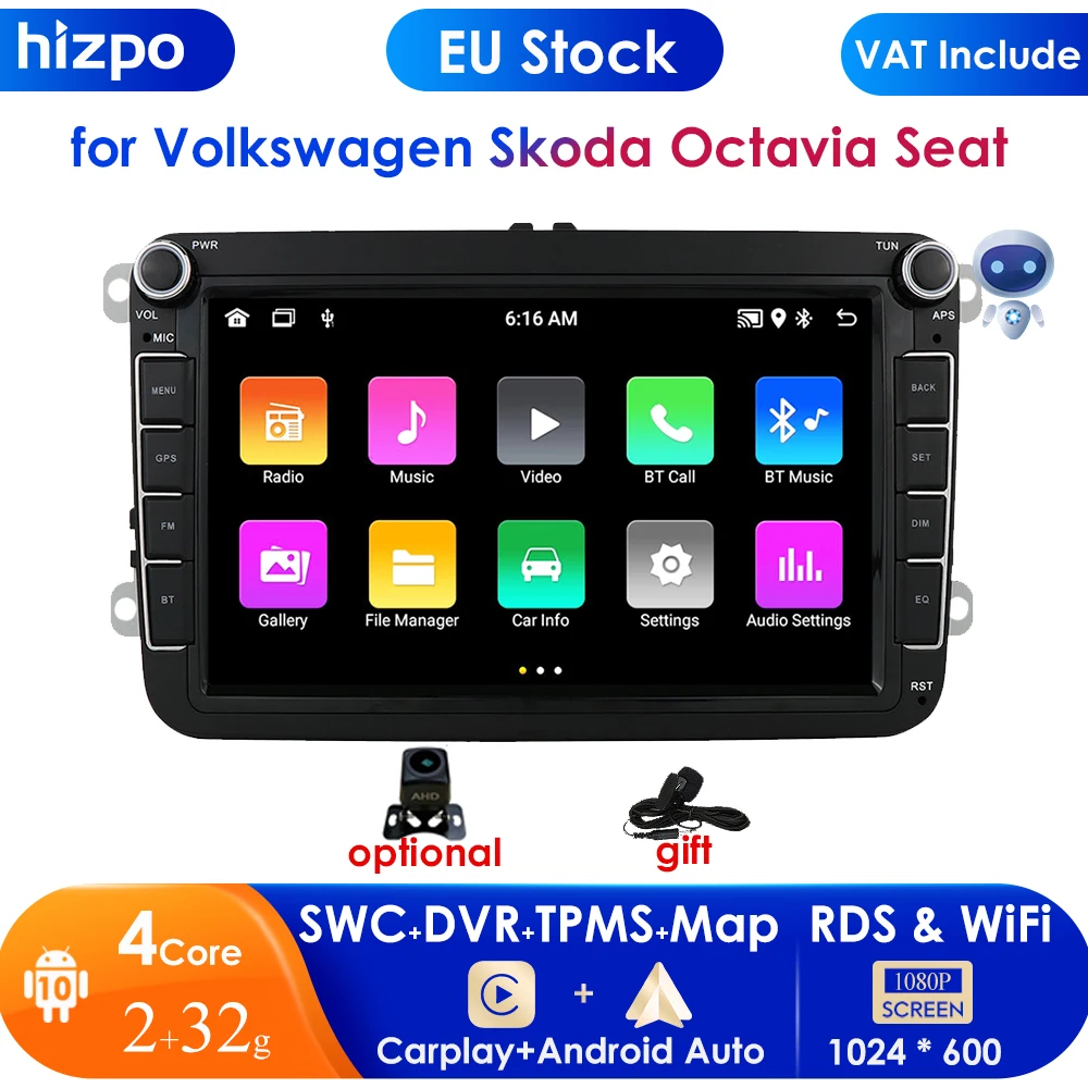 Автомагнитола 2 ГБ + 32 мультимедийный плеер на Android 10 с GPS для Volkswagen Golf Passat b7 b6 Skoda Seat