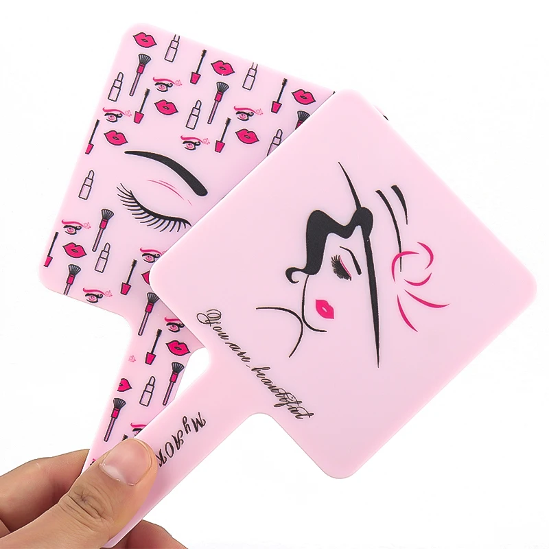 핑크 속눈썹 연장용 휴대용 메이크업 거울 사각형 화장 거울 플라스틱 손잡이 고화질 거울 뷰티 도구