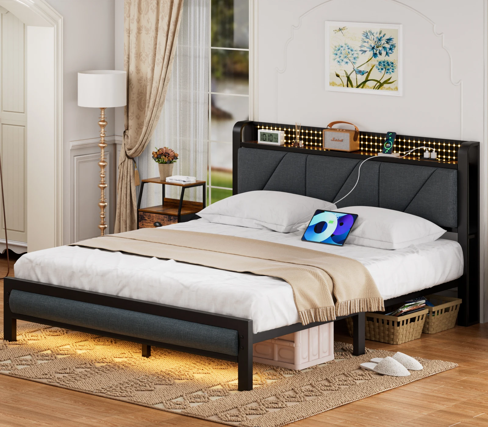 Full/Queen Bed Frame with Charging Station and LED Lights,USB Charging Station Headboard Upholstered Queen Size Metal bedstead 5