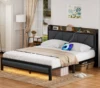 Full/Queen Bed Frame with Charging Station and LED Lights,USB Charging Station Headboard Upholstered Queen Size Metal bedstead 5