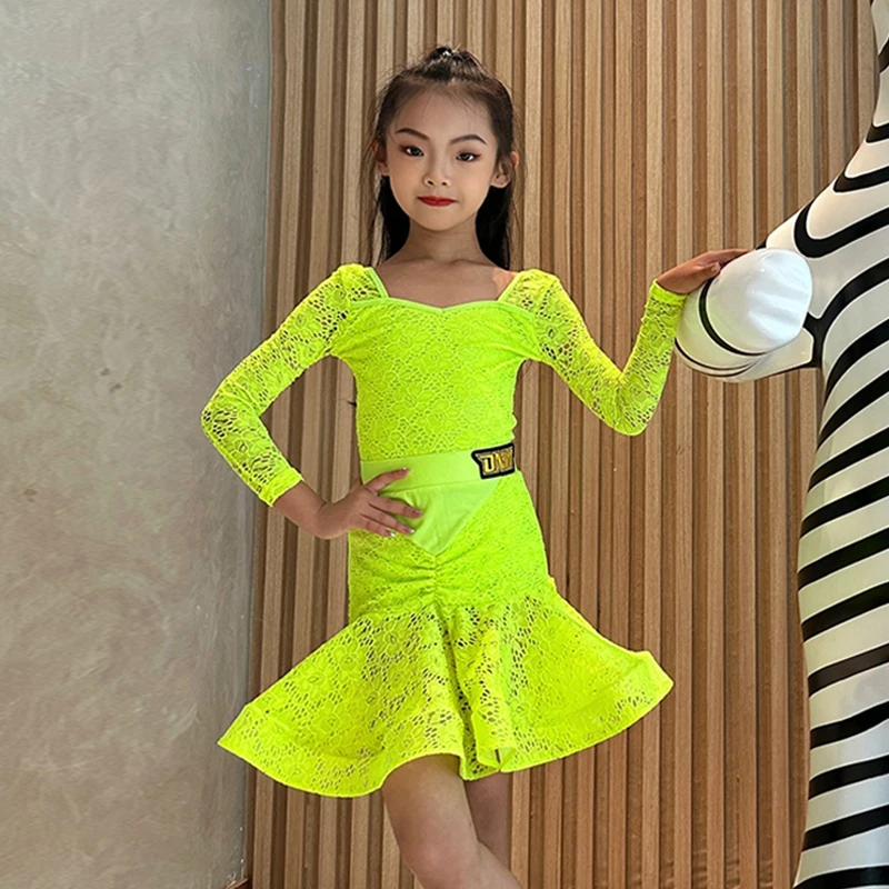 

Fluorescence Yellow Latin Dance Dress Children Competition Costume Bodysuit Skirt Girls ChaCha Dancing Performance Wear DL11435
