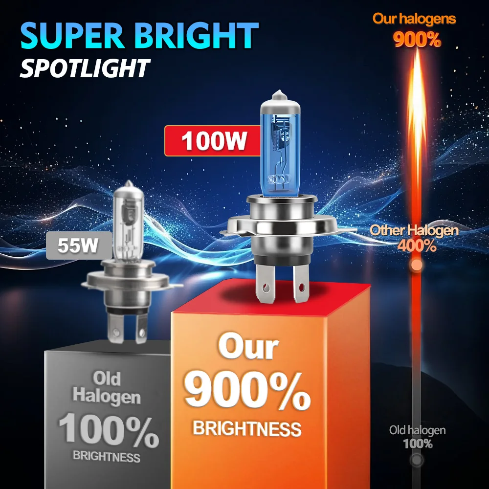 2x H4 제논 화이트 슈퍼 할로겐 헤드라이트 전구 100W 6000K LED 헤드램프 1:1 설치 자동차 전구