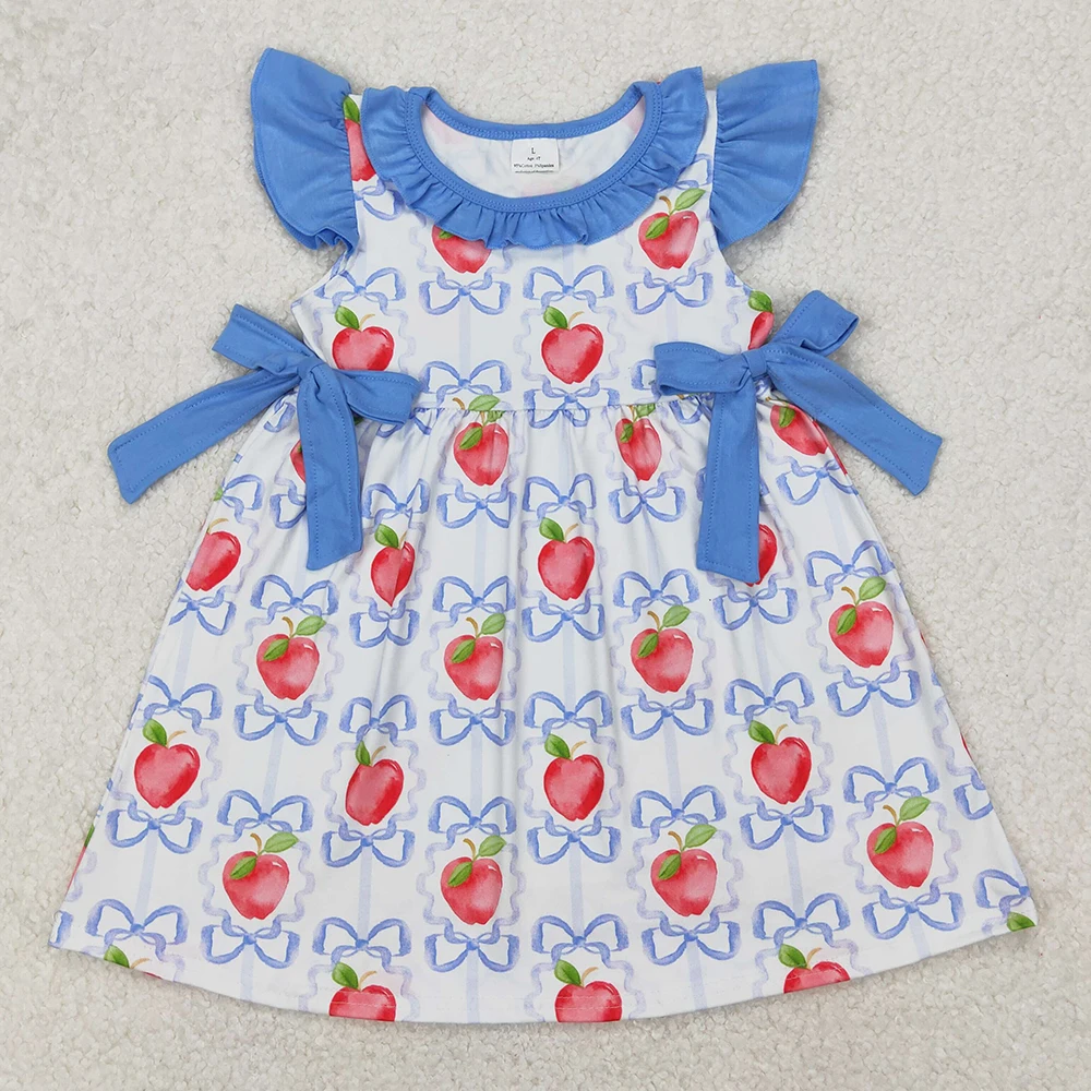 New Design Baby Girls Dress Apple Bows Back To School Knee Length Dresses Boutique Kids Children Clothing Girls Dress