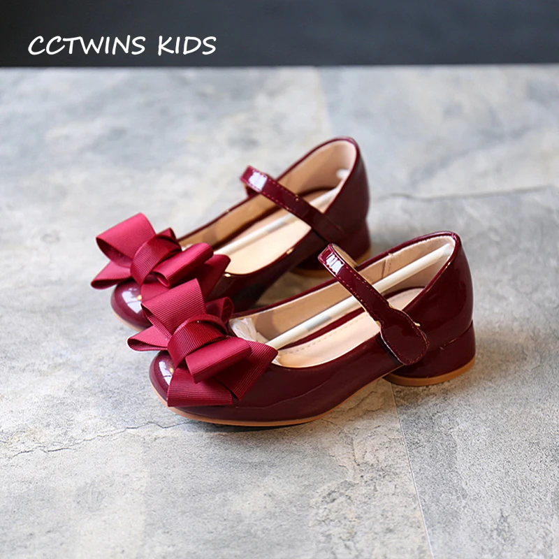 Kids Girls Party Princess Bow Shoes Pu Leather Mid Heel CCTWINS G1126