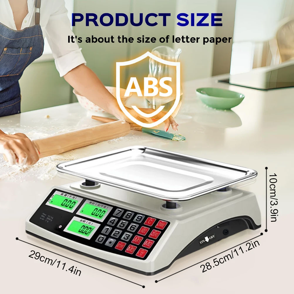 40kg/5g Commercial Price Scale with Stainless Steel Plate Counting Weight Scale LCD Digital Display for Farmers Market Meat Shop