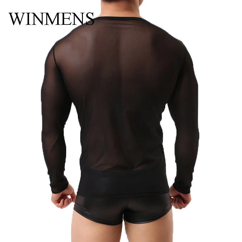 Stretch Undershirts Transparent Mesh Ultra Thin Men's Long Sleeve Shirts O-neck See Through Gay Sexy Underwear Spandex Indoor