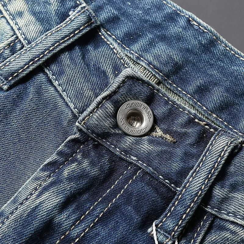 Fashion Vintage Men Jeans High Quality Trousers Retro Blue Elastic Ripped Jeans Men Patched Designer Casual Denim Pants Hombre