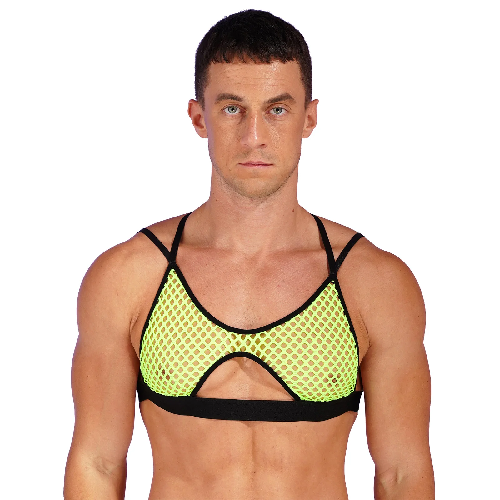 

Mens Sheer Hollow Out Fishnet Camisole Crop Tops Elastic Straps Crisscross Back Cutout Undershirts Vest Show Muscle Tank Tops