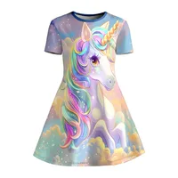 Robe T-shirt imprimée licorne arc-en-ciel pour fille, robe décontractée douce motif nuage bleu ciel pour fête d'enfants, idéale pour les cadeaux d'anniversaire 5
