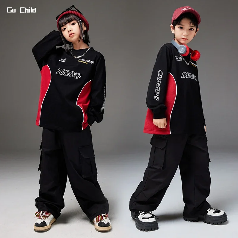 

Boys Hip Hop Contrast Sweatshirt Cargo Pants Girls Streetwear Pullovers Joggers Child Street Dance Clothes Set Kids Jazz Costume