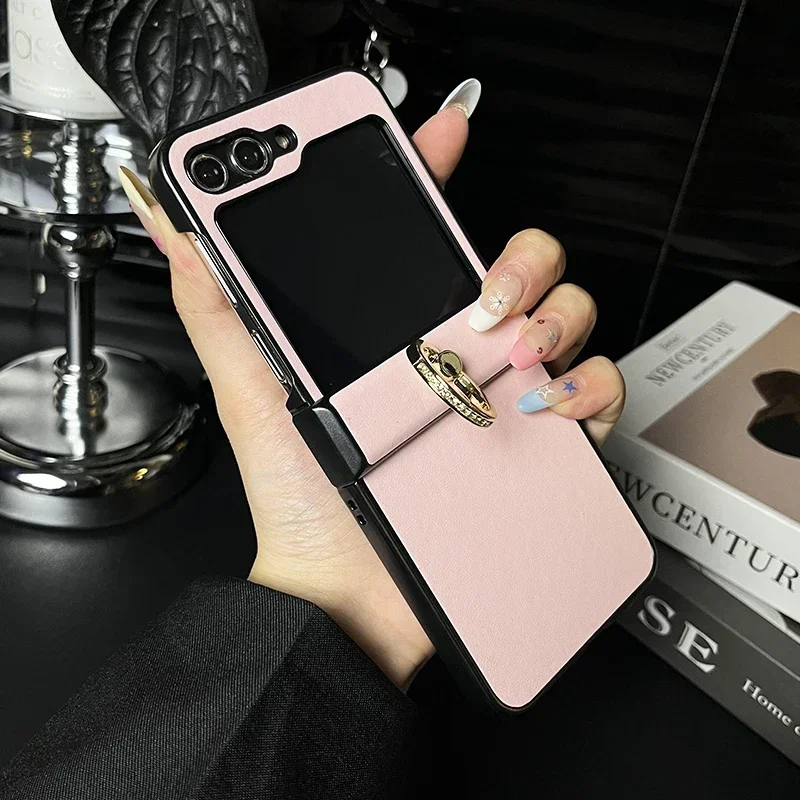 Premium PU Leather Shockproof Phone Case with Ring Holder - Hard Shell Protective Cover for Samsung Galaxy Z Flip Series