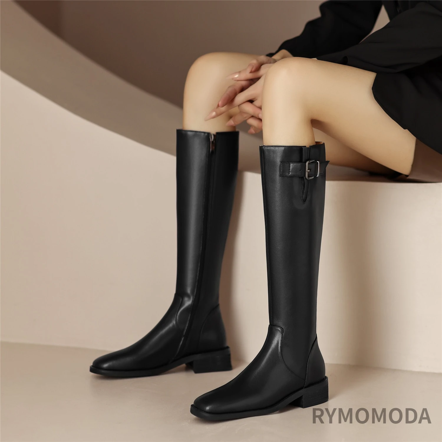 Women Knee High Boots 2026 Luxury Split Cow Genuine Leather Brown Black ZIP Low Block Heel High Quality Long Boot Handmade Shoe