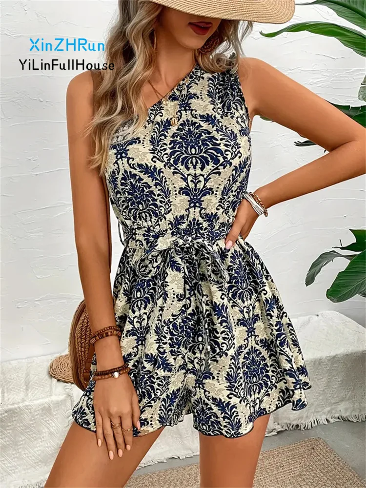 Summer New Women Fashion Diagonal Shoulder Lace Up Printed Jumpsuit Women's High Waist Casual Short Five Split Wide Leg Jumpsuit