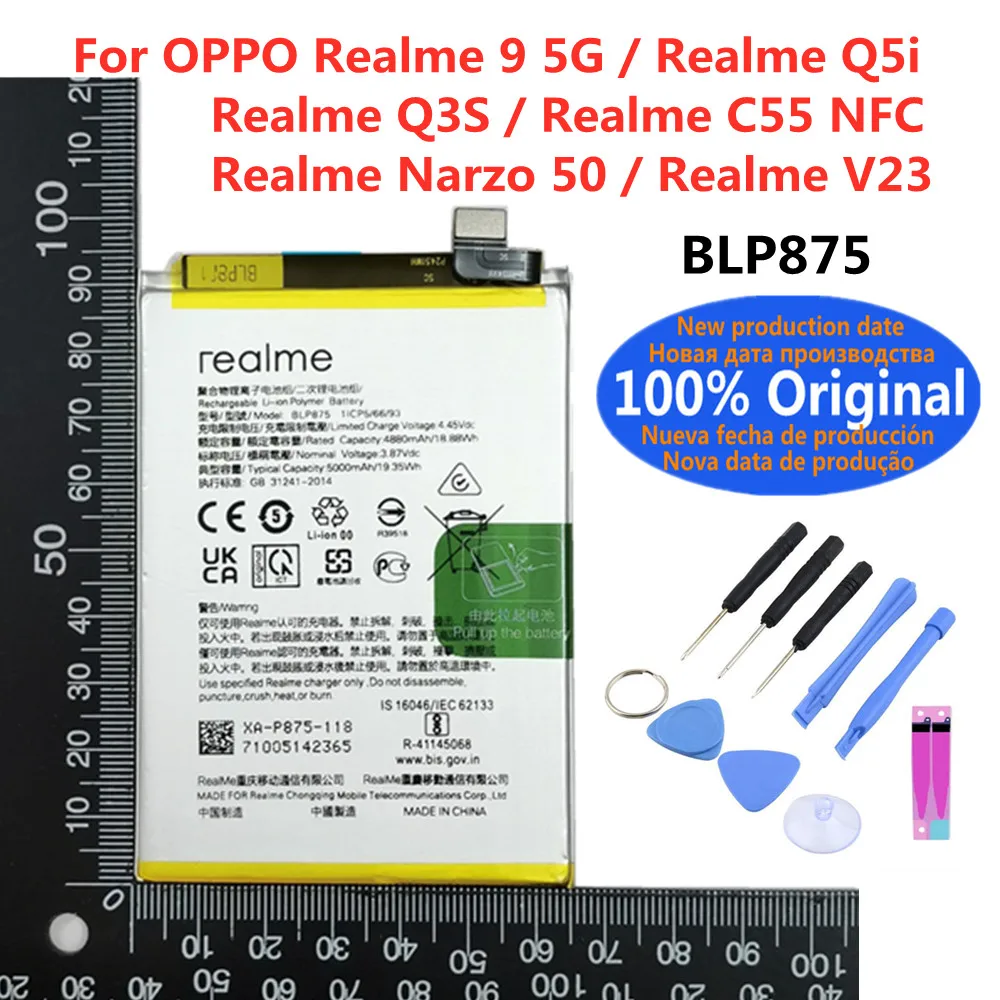 

100% Original High Quality 5000mAh Battery BLP875 For OPPO Realme 9 5G / Q5i / Q3S /C55 NFC / Realme Narzo 50 / V23 Smart Phone