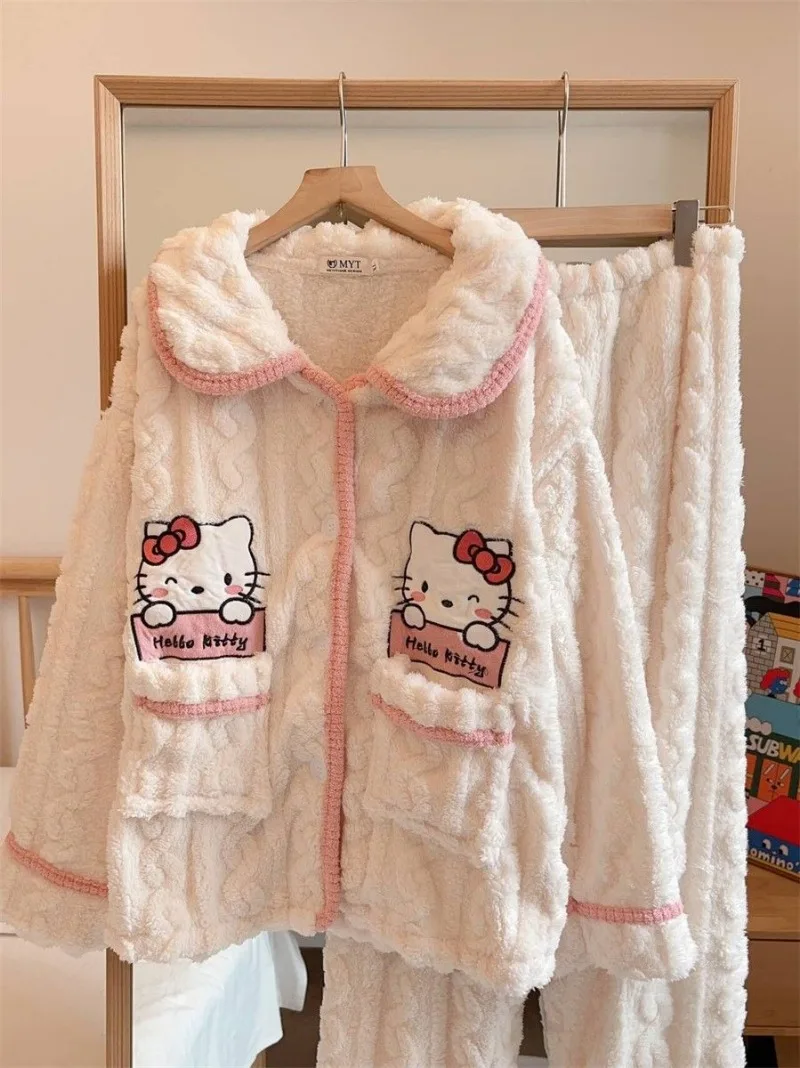 Hello Kitty Pajama Anime Coral Velvet Female Sweet Plus Velvet Thicken Keep Warm Loungewear Set