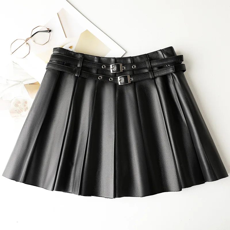 2023 Women New Metal Double Belt Genuine Sheepskin Pleated Skirt Sweetly Cool Real Sheep Leather Skirt E36