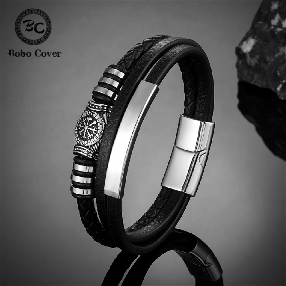 Viking Rune Compass Multilayer Leather Bracelets Mens Stainless Steel