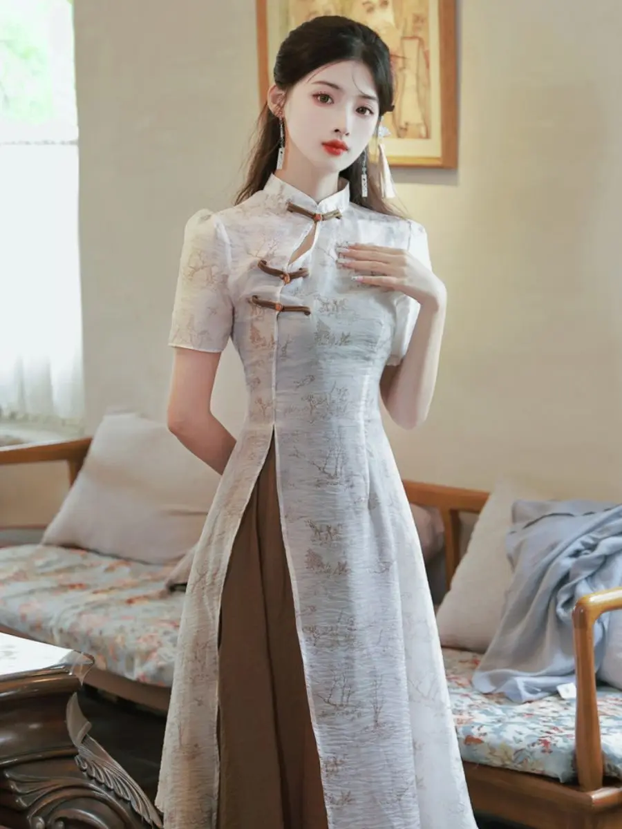 Vestido Cheongsam De Dos Piezas Para Mujer Estilo Vintage Con