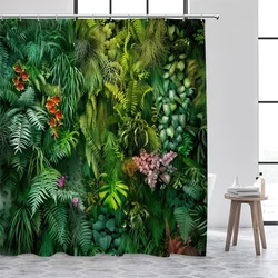 Tropical Green Leaves Shower Curtain Set - Vibrant Botanical Print for Bathroom Decor with Hooks (9923AL)