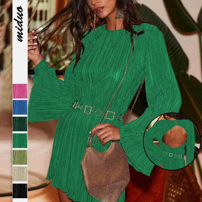 

Design Sense Hollowed Out Solid Color Dress Women New Fashion Long-sleeved Pullover Elegant Sexy Flash Evening Dress