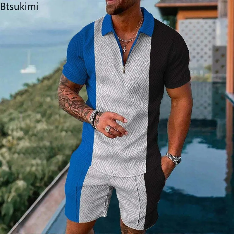 Plus Size 5XL 6XL Men's Short Sleeve Polo Shirts and Shorts Two Pieces Men Summer Sets 3D Print V-neck Zipper Male Shorts Sets