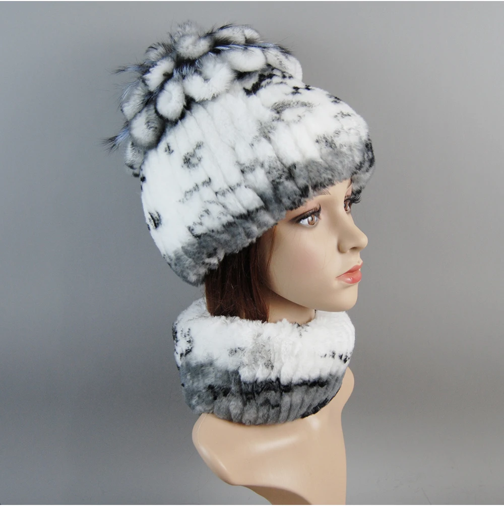 Real Rex Rabbit Fur Hat And Scarf Set Women Winter Knitted Beanie Hat Natural Fur Skullies Beanies Woman Hat Female Cap Elastic