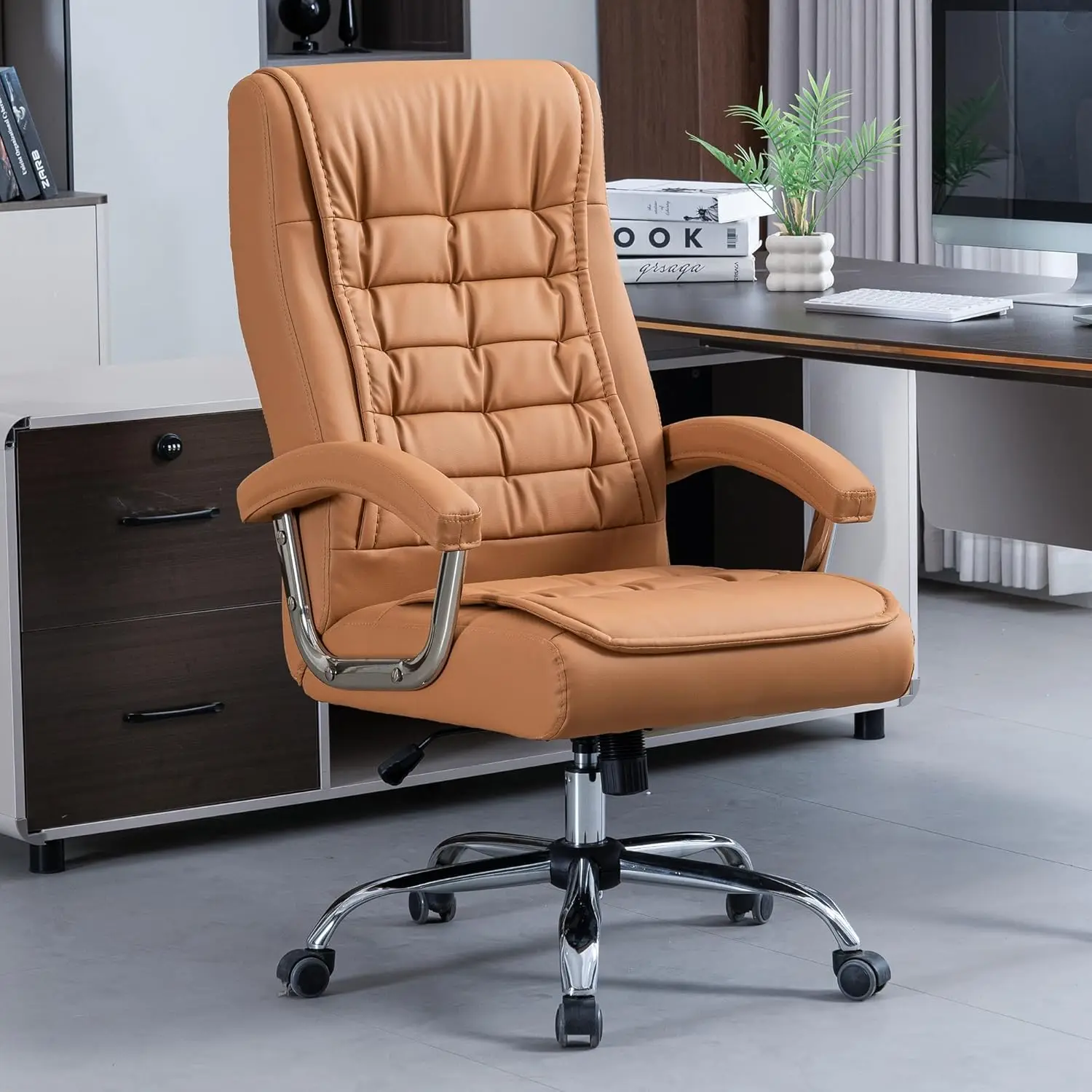 Executive Adjustable Leather Chair High Back Swivel with Padded Armrest 350lbs Load-Bearing Spring Seat Computer Desk Chair