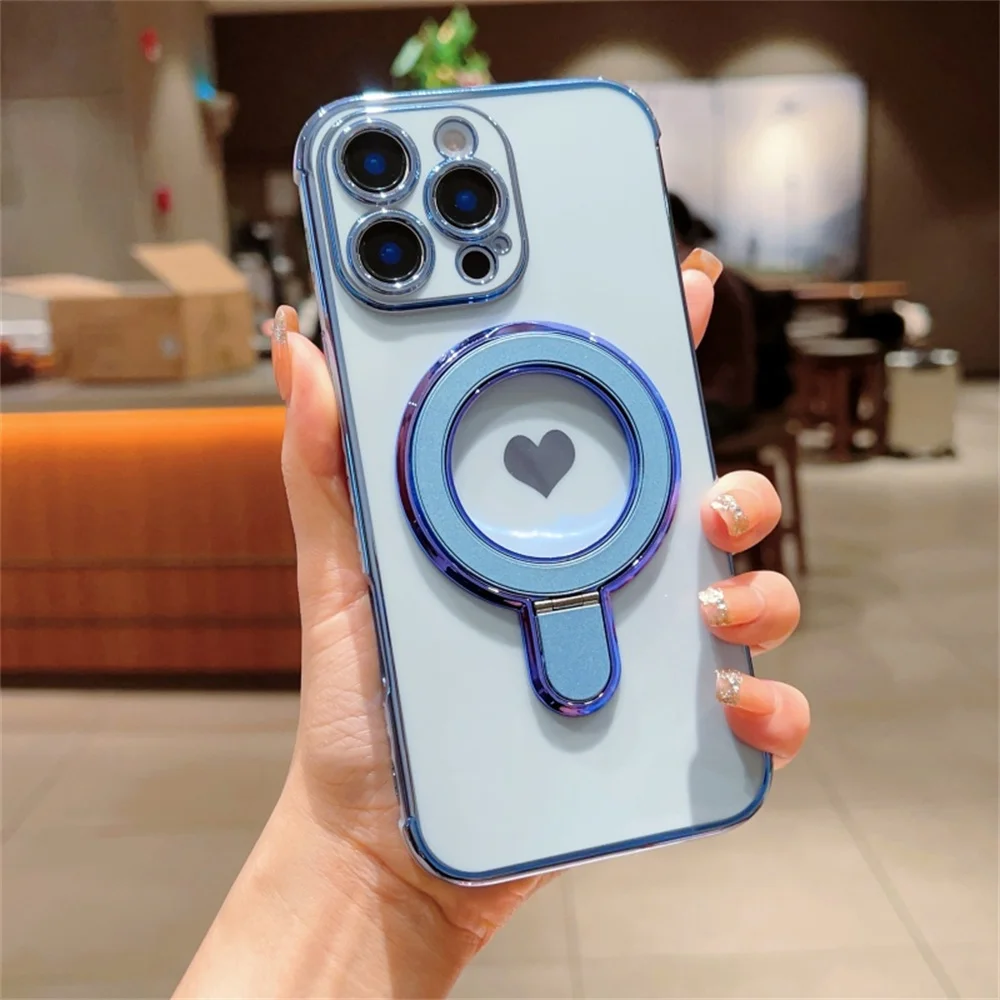 Magnetic Love Heart Stand Holder Phone Case with Plating