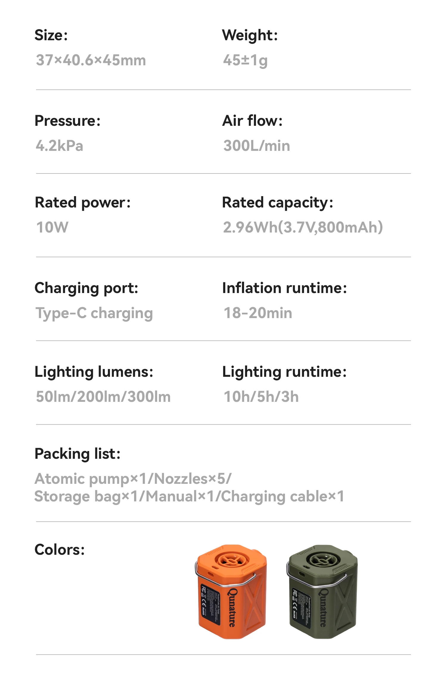 Qunature Luftpumpe, aufblasbarer elektrischer Outdoor-Inflator für Matratzen, Kissen, 3-Modus-Beleuchtung, tragbare, leichte Pumpe – Detail 19