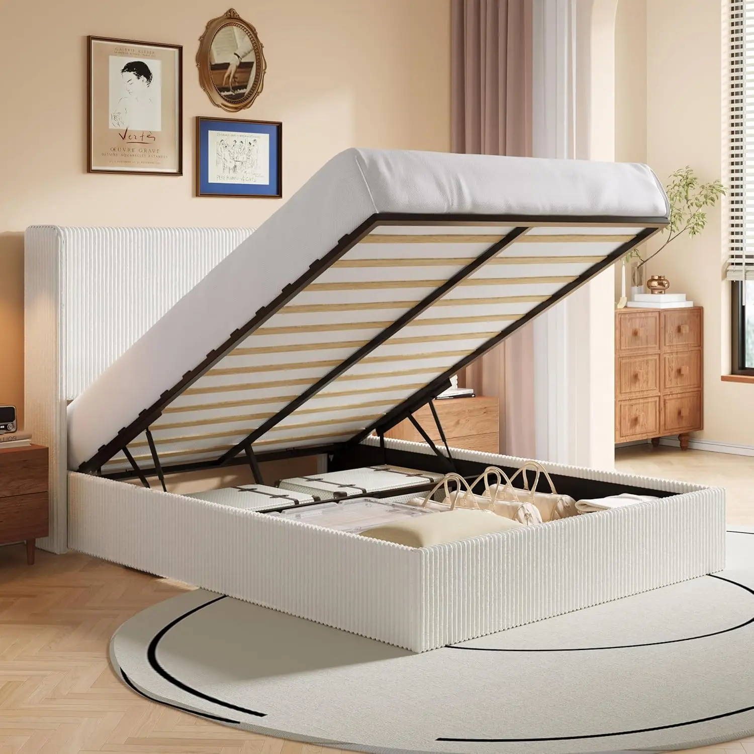 Full Upholstered Wingback Storage Bed Hydraulic Lift Up Underbed Soft Corduroy Platform No Box Spring White Customized
