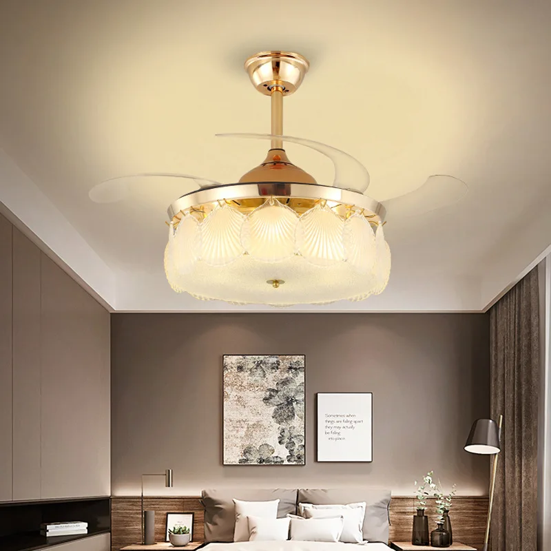 

Seashell Crystal Ceiling Fans Light LED 3 Color Invisible Blades Living Room Bedroom Remote Control Ceiling Lamps Chandeliers