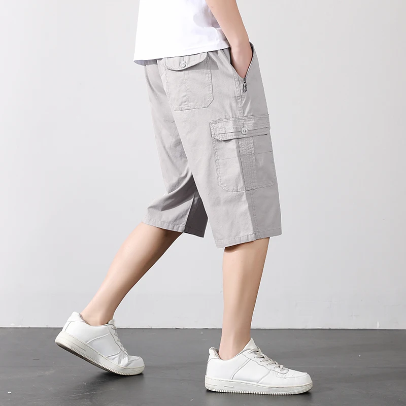 Men's Summer Pockets Solid Color Button Zipper High Waist Casual Knee Pants Straight Cargo Trousers Clothing Preppy Style Shorts