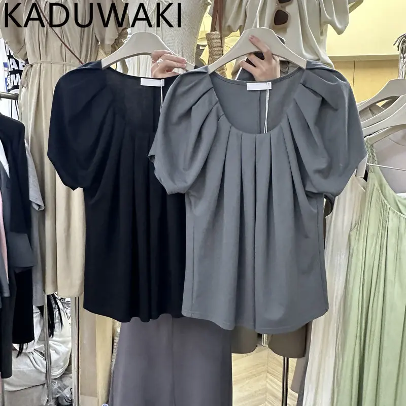 

Корейские шикарные плиссированные женские футболки, летние Цветные Короткие топы с пышными рукавами, Повседневная однотонная блузка 2024, женские сексуальные женские топы