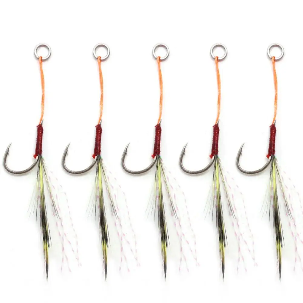 

10pcs With Thread Feather Iron Plate Single Hook with Barbs High Tensile Force Sharp Colored Feather Sea Fishing