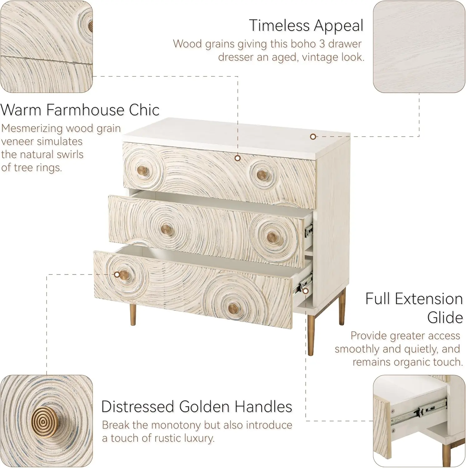 armhouse 3 Drawer Dresser with Ring Motif, Disstressed Embossed Nightstand for Bedroom, Entryway, French Country