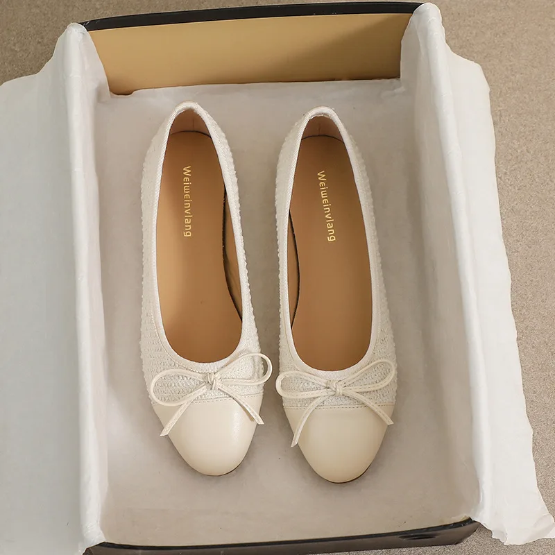 Leather Patchwork Sequines cloth flat shoes woman round toe bowtie ballet flats silver moccasins female slip on loafers size 43 2