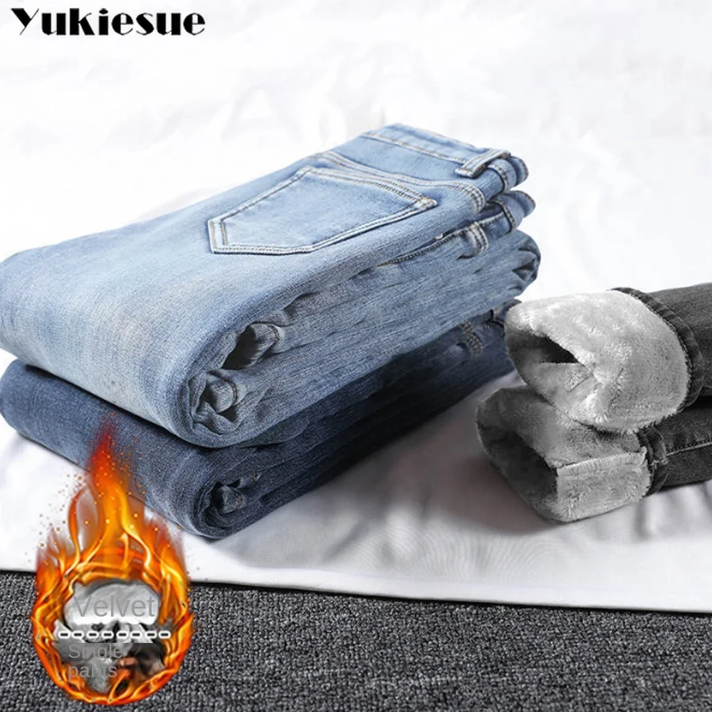 Women Thermal Jeans Winter Snow Warm Plush Stretch Jeans Lady Skinny Thicken Fleece Denim Long Pants Retro Blue Pencil Trousers
