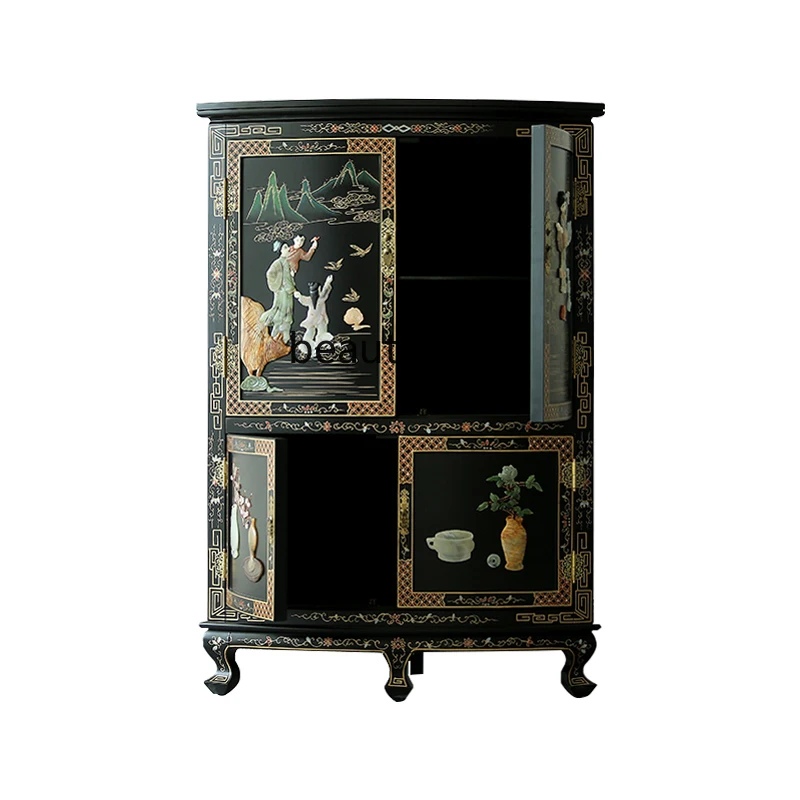 

Lacquer Flower Home New Chinese Style Bone Stone Inlaid Corner Cabinet Character Side Cabinet Retro Storage Locker