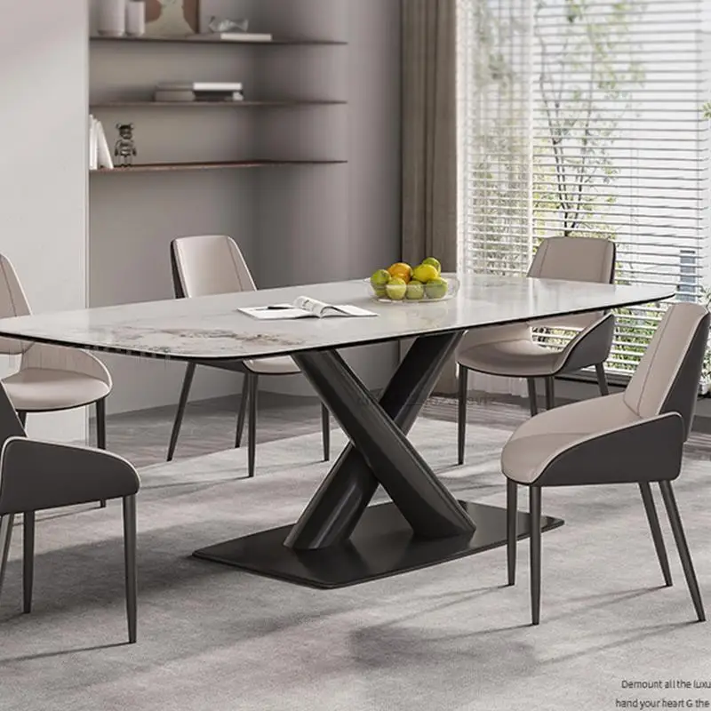 

Italian coffee Slab Kitchen Table Black Carbon Steel Frame Six Seats Chair Combination White Minimalist Rectangle Dining Table