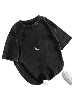 Vintage Washed Moon Graphic T-Shirt Summer Casual Loose Fit Crew Neck Short Sleeve Tee Trendy Streetwear Men Women Unisex Top