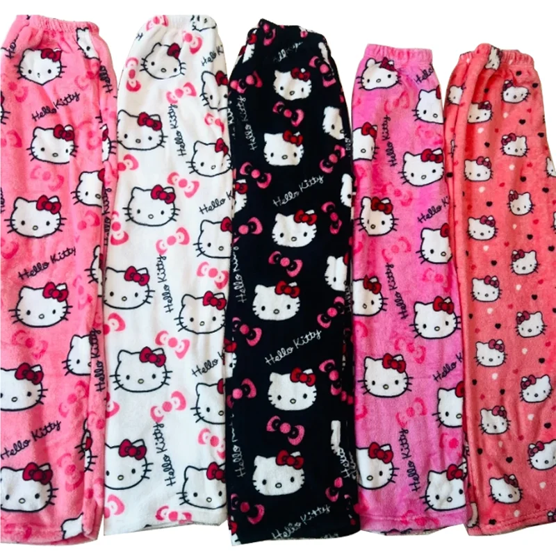 Kawaii Hello Kitty Pajamas Black Anime Flannel Women Warm Woolen