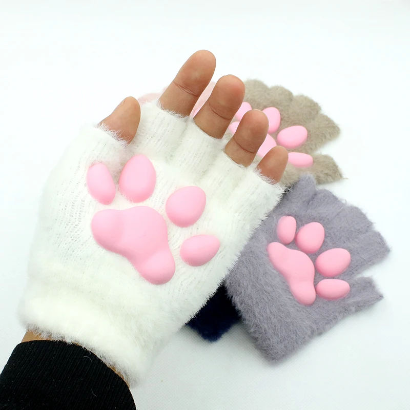 Lolita Cosplay Cat Claw Gloves Fashion Silicone Fingerless Plush 3D Toes Cat Paw Hand Sleeves Knitted Kitten Mittens Supplies women fingerless anime gloves arm warmers goth knitted kawaii lolita gloves wrist sleeves harajuku mittens y2k white accessories