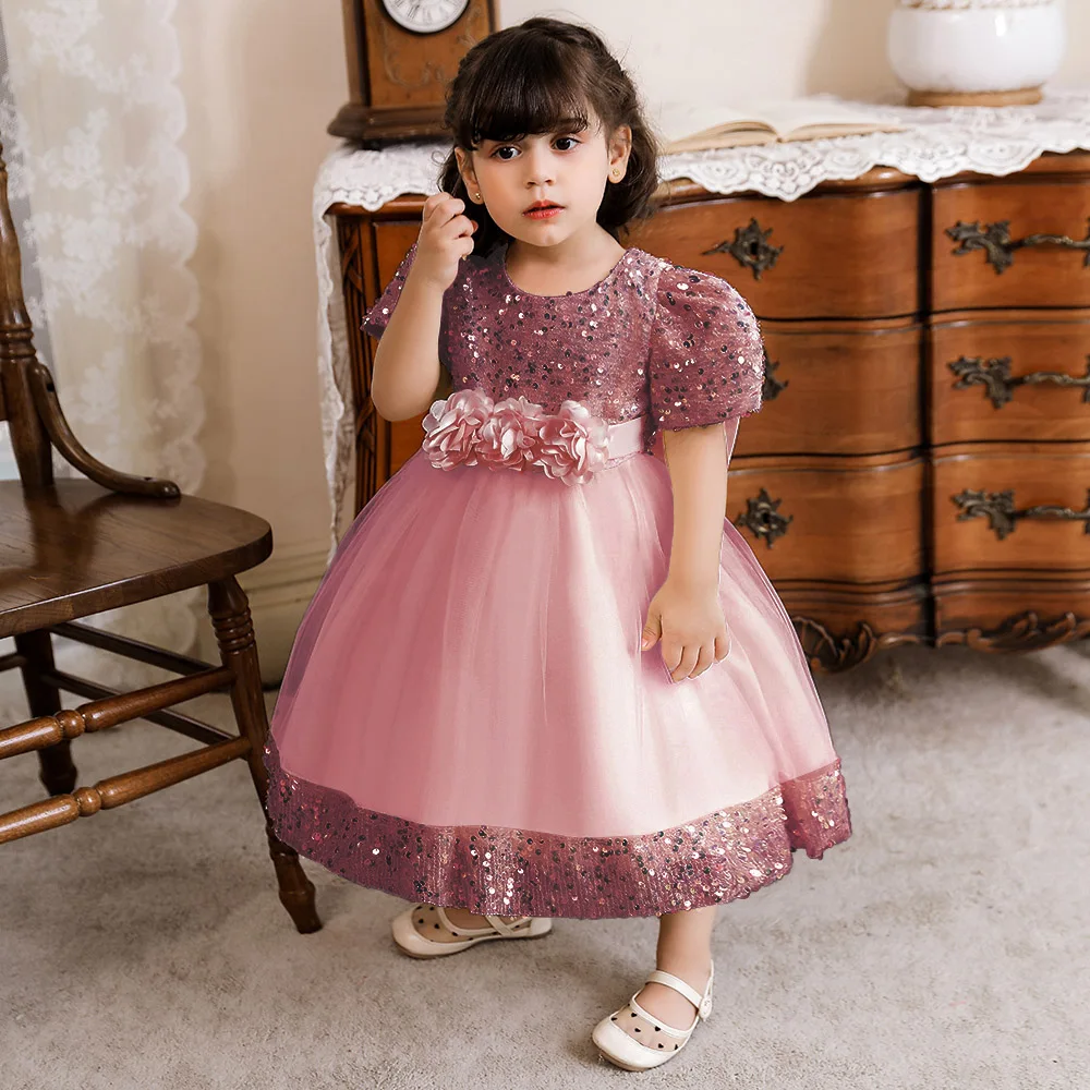 

Short Slevee Sequins Kids Ceremony Vestidos Baby First Communion Party Clothing Girl Birthday Dress For 6M 12M 24M 3-10T CN2116A